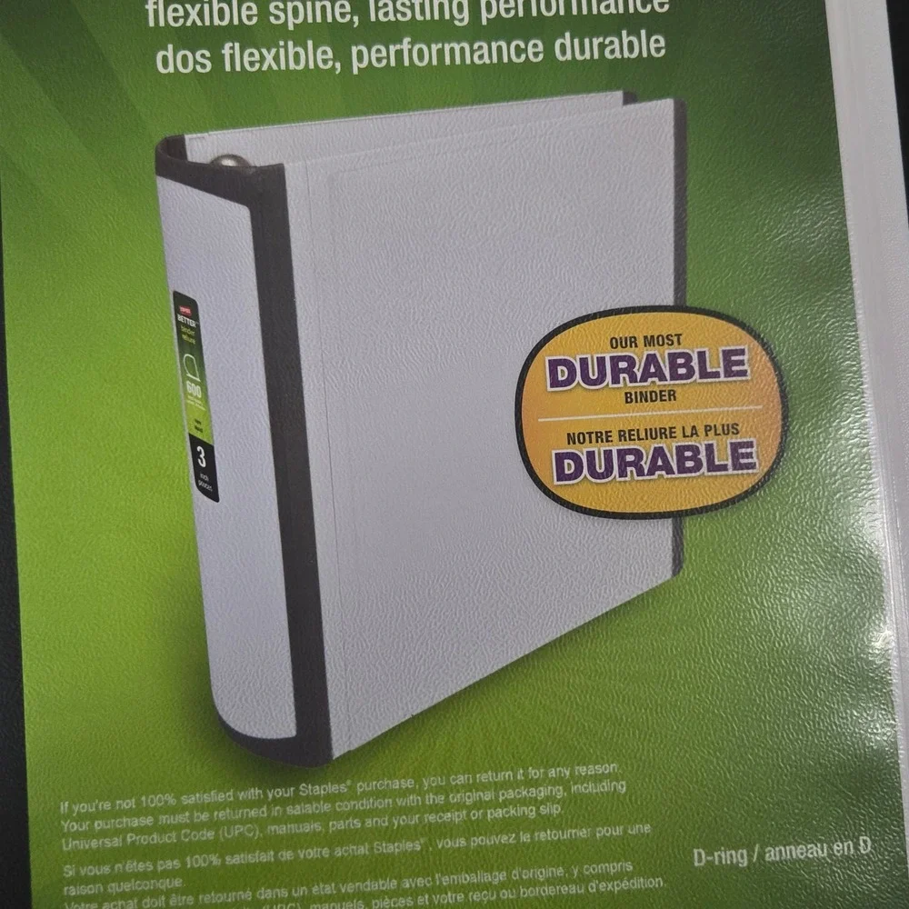 Staples Better Binder 3 Inch Ring White Black Flexible‎ Spine 600 Sheet Capacity